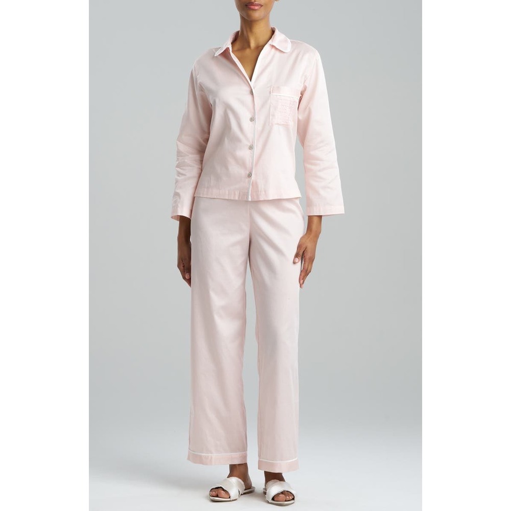 NWOT Natori Pajama‎ Set Women Size S Pink Cotton Poplin Long Sleeve Button Front